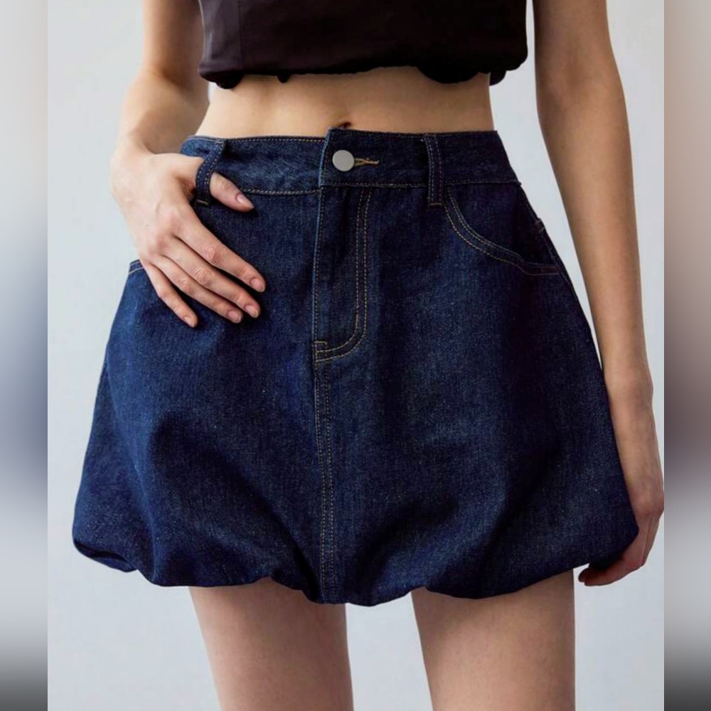 Pieces Indigo Denim Bubble Hem Mini Skirt